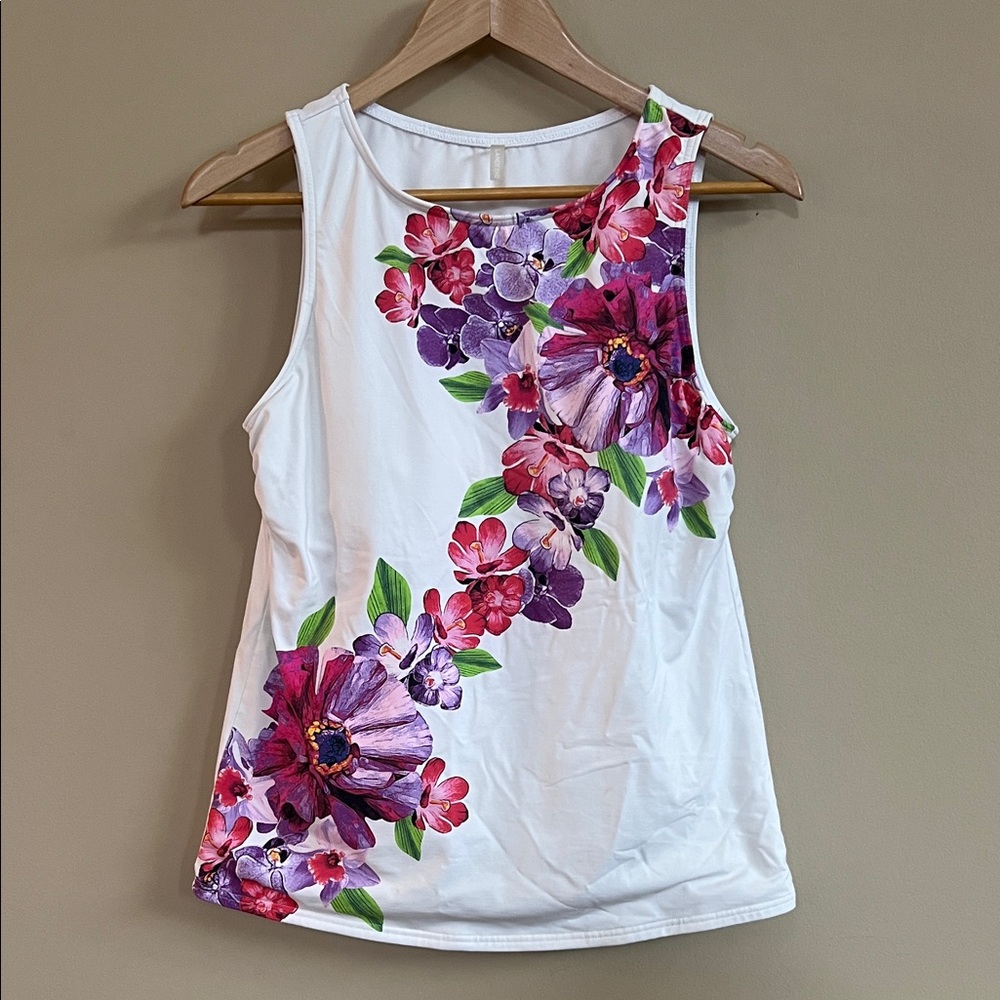 Lands' End White Swim Tankini Top with Purple Tropical Floral Design